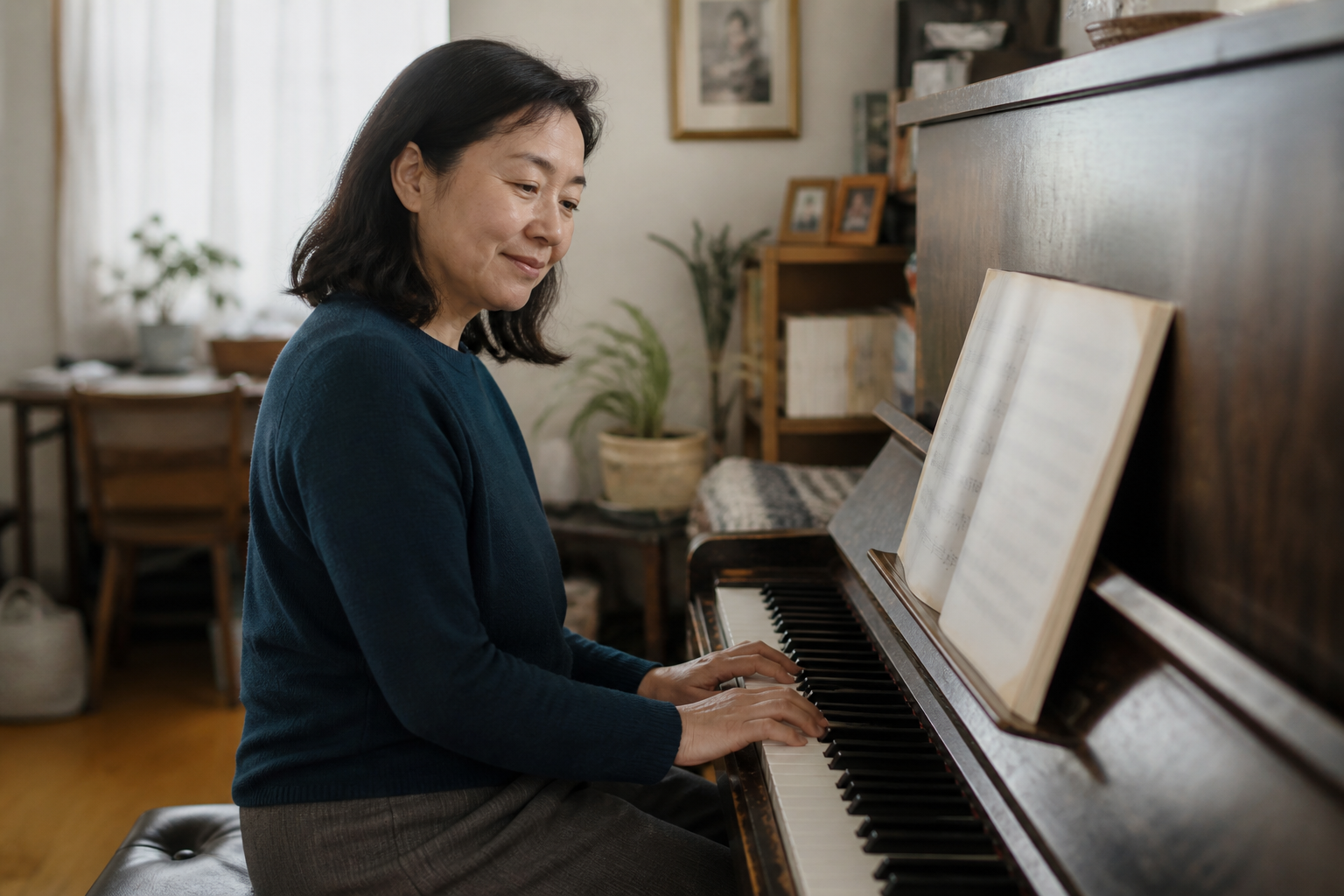 Adult in their 40s sitting at a piano, smiling while reading sheet music, warm home setting