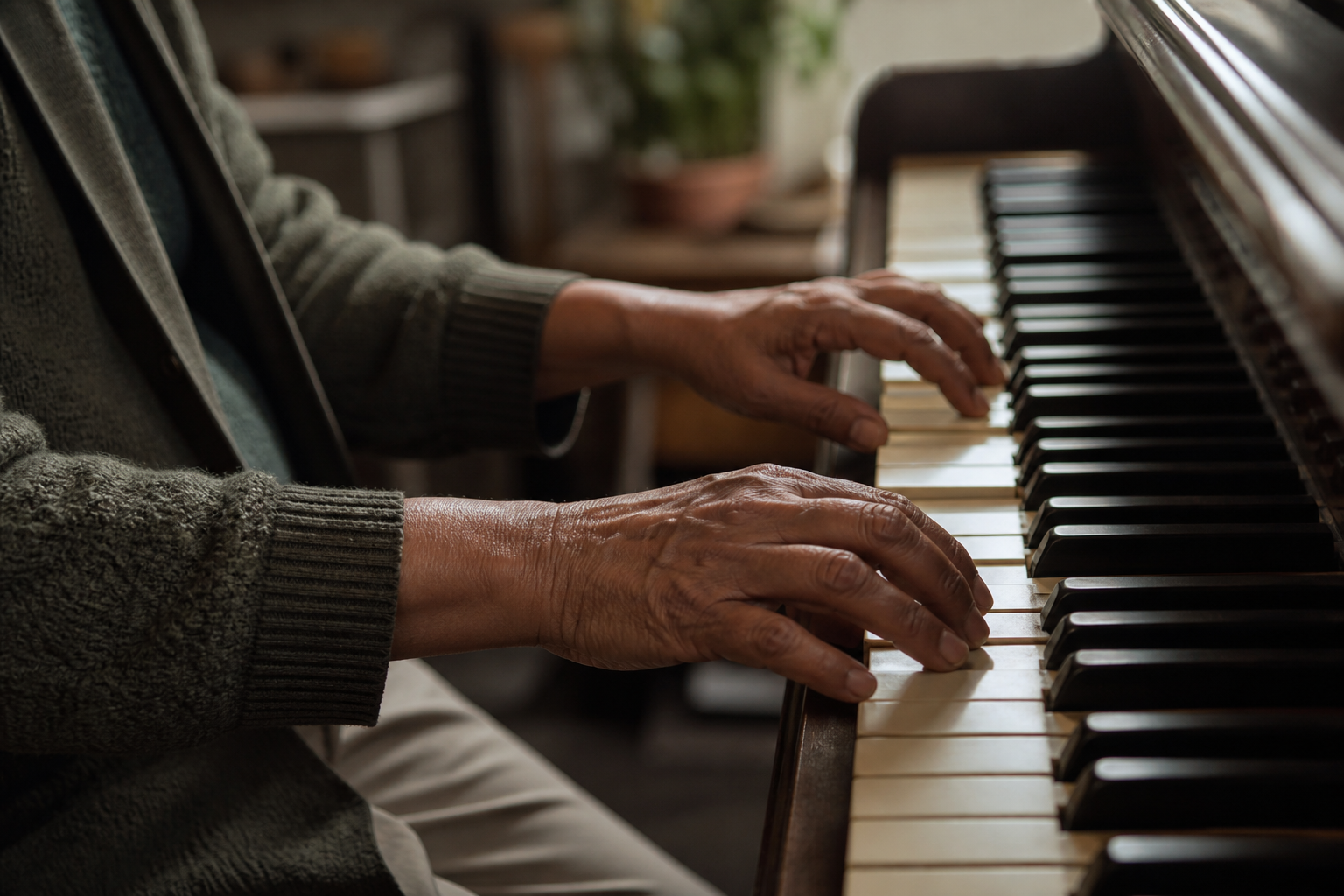 Adult hands on piano keys, close up, showing confident hand position, warm light