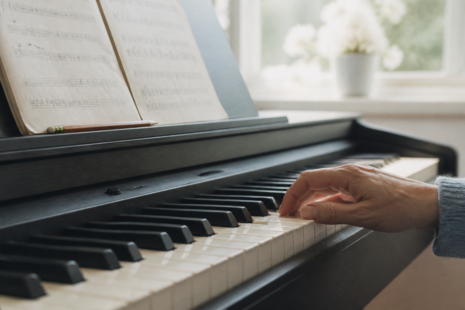Simple beginner piano sheet music open on a music stand with piano keys below