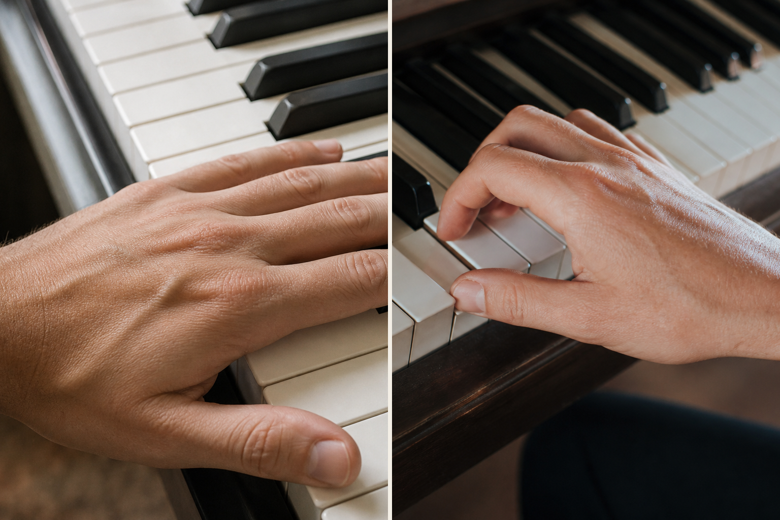 Two hands side by side showing flat finger position versus correct curved finger position on piano keys