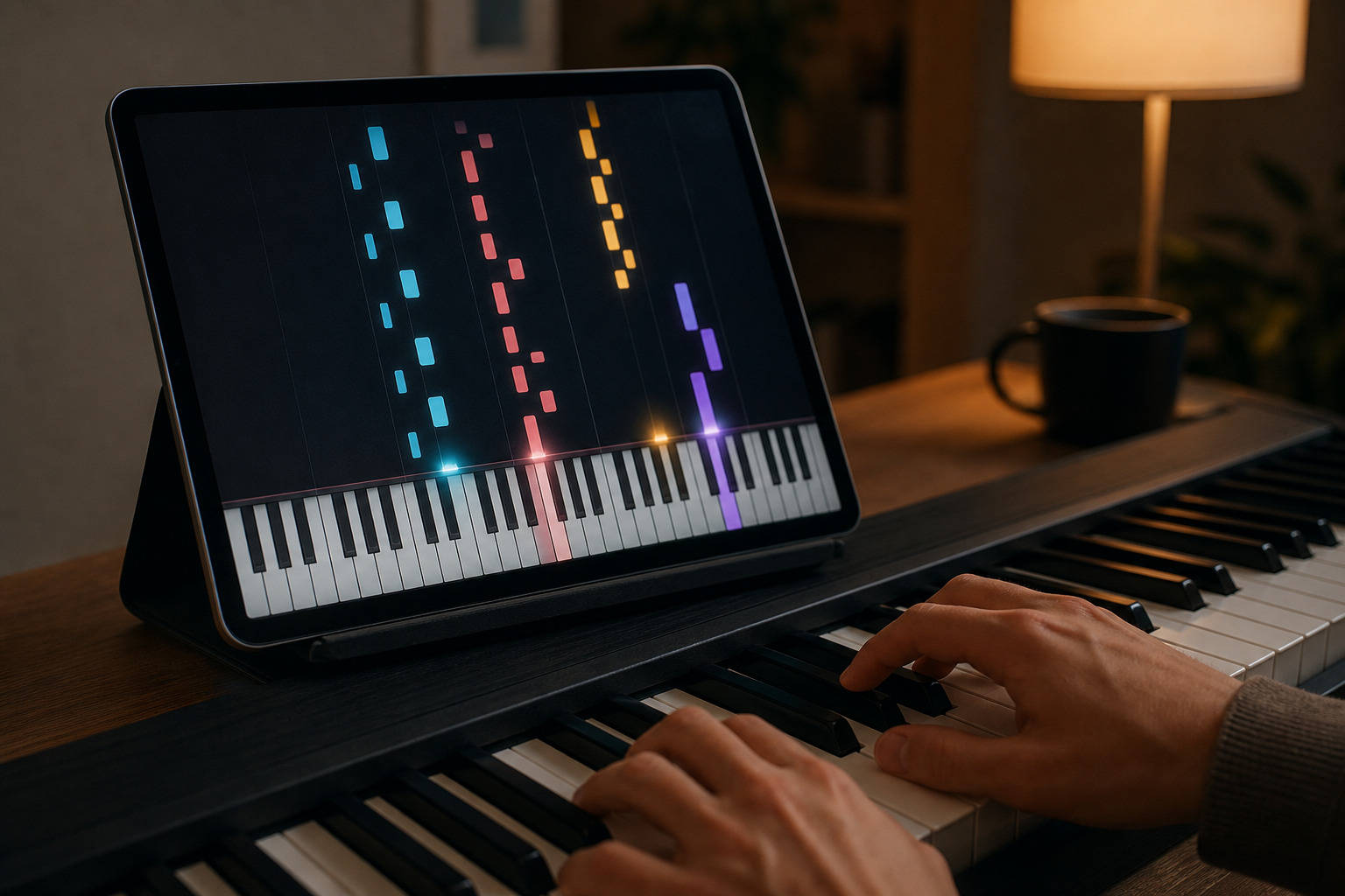 Free piano app showing falling notes on a virtual keyboard screen