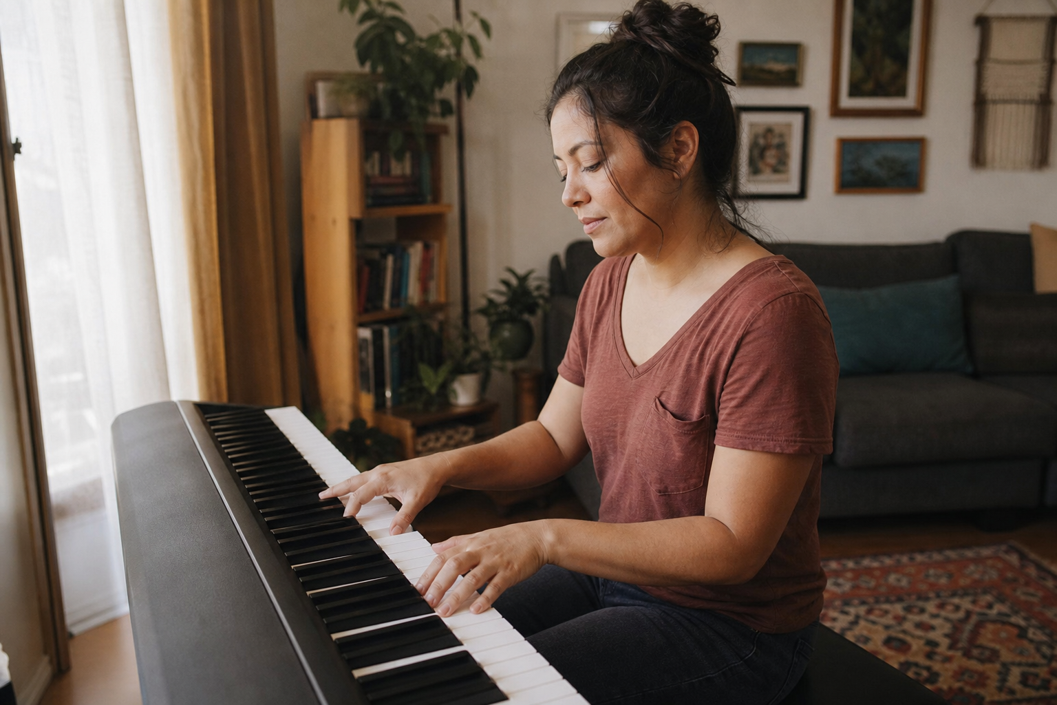 Adult beginner playing a simplified pop song on digital piano with sheet music on stand, engaged expression