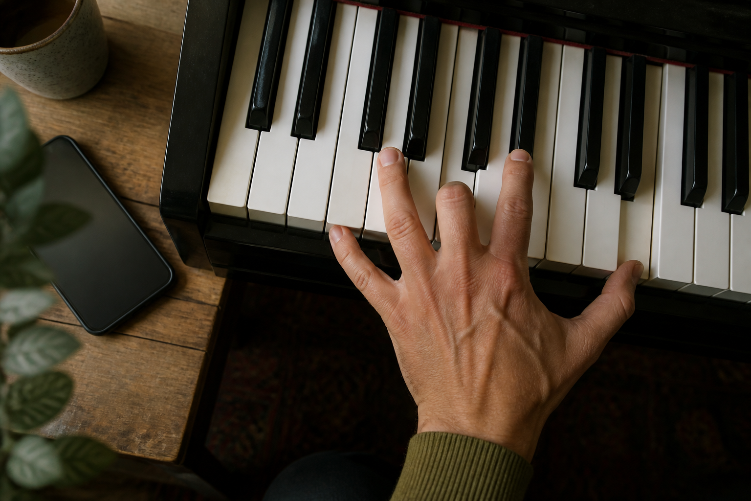 Hands on piano showing how stacked intervals build a chord, with thirds highlighted between fingers