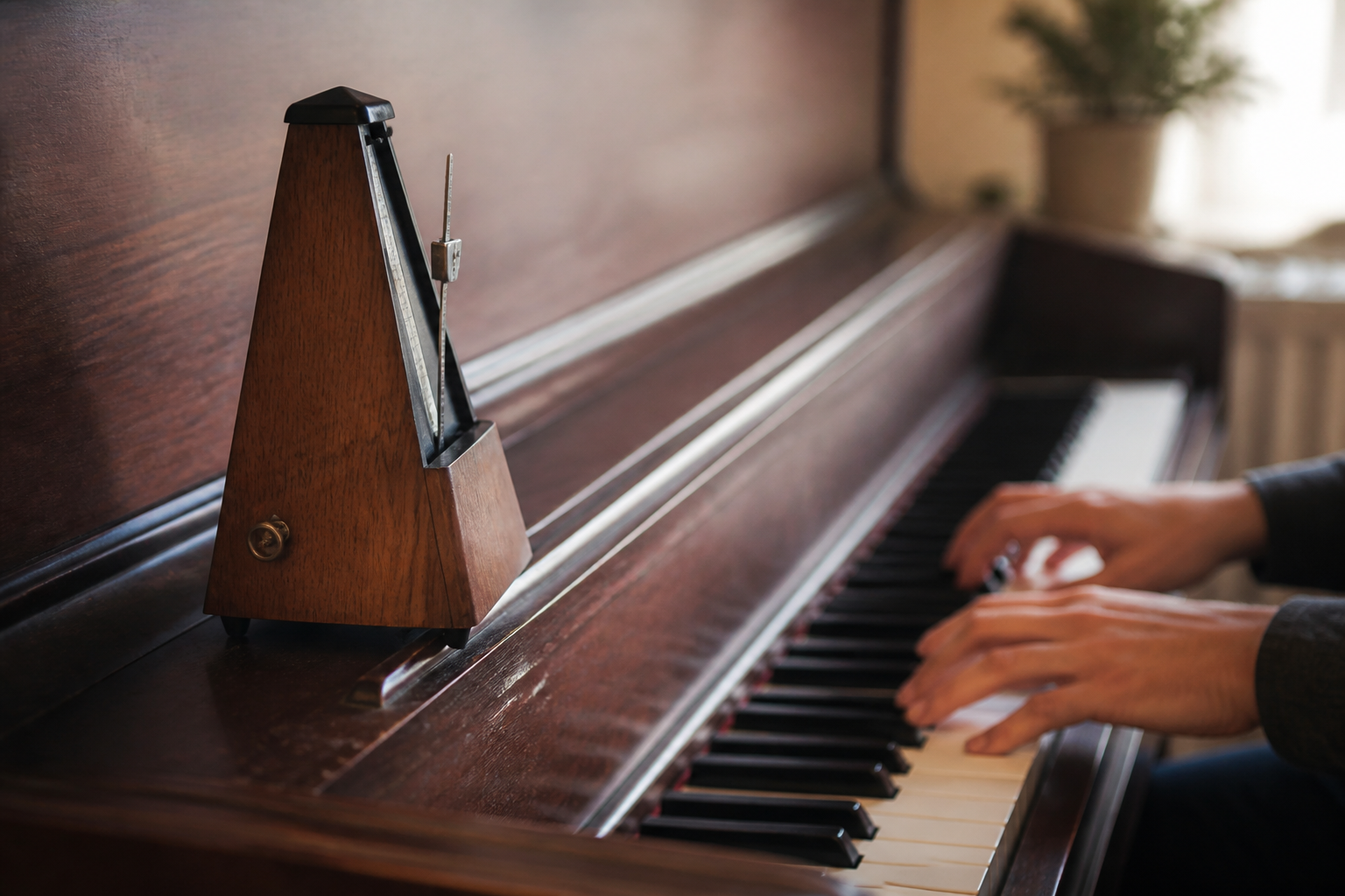 Digital metronome app on smartphone sitting next to piano keyboard showing tempo setting