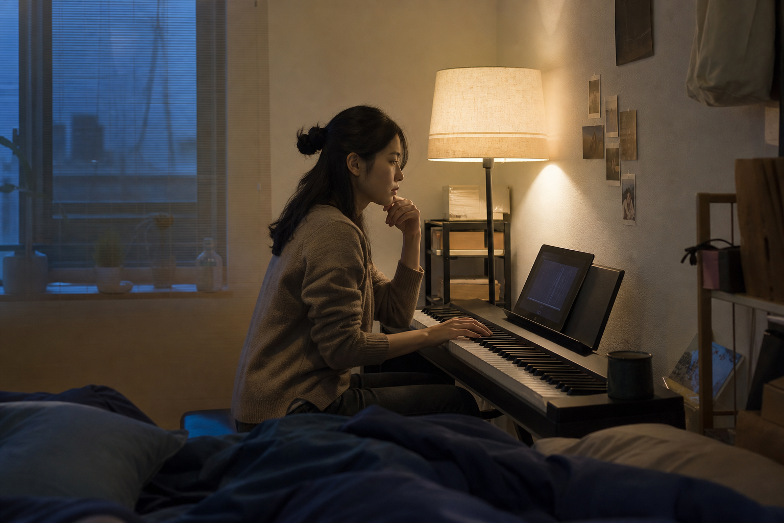 Adult self-learning piano using a tablet app, relaxed home setting, evening light